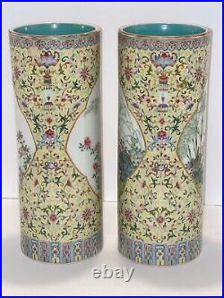 Antique Chinese Porcelain Vase Pair Hat Stands Famille Rose Qianlong Mark