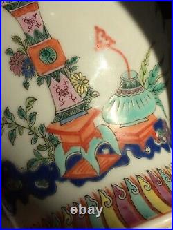 Antique Chinese Qing Dynasty Qianlong Temple Jar Famille Rose Vase Marked 15.5cm