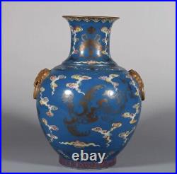 Antique Chinese Qing Dynasty Qianlong famille rose enamel Porcelain Blue Vase