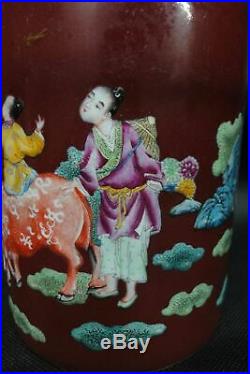 Antique Chinese Red Glaze Famille Rose Porcelain Brush Pot QianLong
