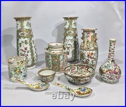 Antique Famille Rose Medallion Qing Dynasty Vase Teapot Cup Bowl Lot of 10