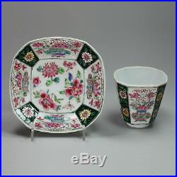 Antique Octagonal famille-rose beaker and saucer, early Qianlong (1735-1790)