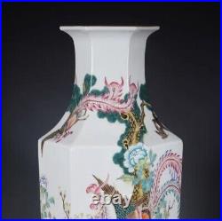 Antique Qing Dynasty Qianlong famille rose phoenix peony flower hexagonal vase