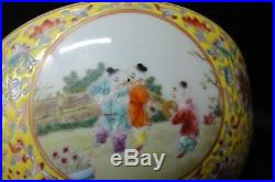 China Antique Yellow Glaze Famille Rose Porcelain Bowl Marked QianLong