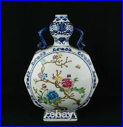 China antique B&W Famille Rose enamels moon flask vase Qing Qianlong seal