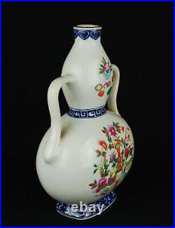 China antique Famille Rose B&W Bugutu flowers gourd vase Qing Qianlong seal