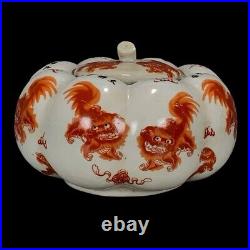 Chinese Antique Qing Famille Rose/Verte Lions Pumpkin Porcelain Tea/Coffee Box