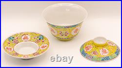 Chinese BOWL COVER SAUCER SPOON Famille Jaune Porcelain Republic Marks 20th C