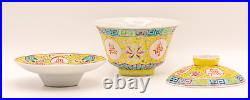 Chinese BOWL COVER SAUCER SPOON Famille Jaune Porcelain Republic Marks 20th C