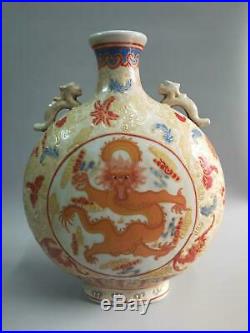 Chinese Famille Rose Porcelain Dragons Vases Double-Ears Handmade Marks QianLong