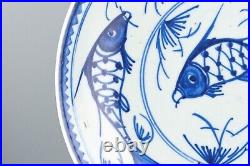 Chinese Fish Plate Blue & White Porcelain Qing Dynasty Guangxu Marked 1862 -1874