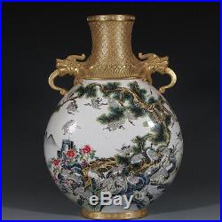Chinese Old Fine Porcelain qianlong marked famille rose peony crane Vase 15.7