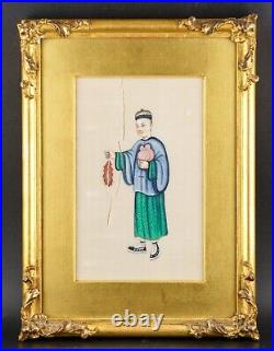 Chinese Pith Paper Painting Figure Gilt Framed Qing Dynasty 19th Century