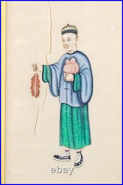 Chinese Pith Paper Painting Figure Gilt Framed Qing Dynasty 19th Century