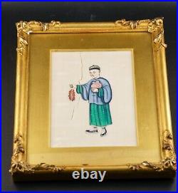 Chinese Pith Paper Painting Figure Gilt Framed Qing Dynasty 19th Century