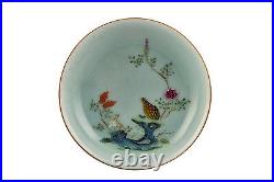 Chinese Qianlong Mark & Period Celadon Bodied Famille Rose Porcelain Quail Dish