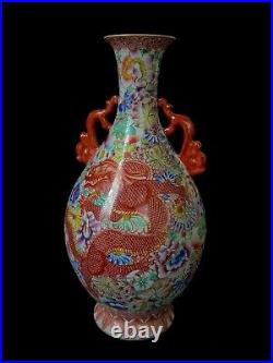 Exquisite old Chinese famille rose Qianlong marked porcelain vase with handles