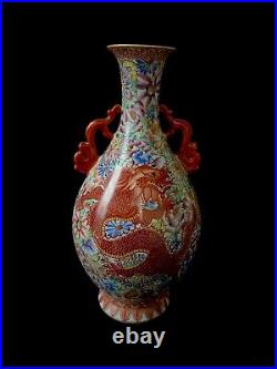 Exquisite old Chinese famille rose Qianlong marked porcelain vase with handles