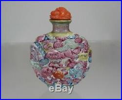FAMILLE ROSE, Molded Enameled Porcelain Snuff Bottle, Qianlong Mark, 1711-1799