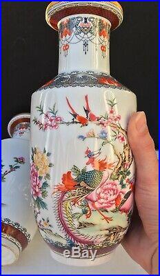 Famille Rose Doucai Enamel Vintage / Antique Qianlong Phoenix Vase Pair