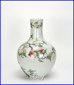 Fine Chinese Qing Qianlong MK Famille Rose 9 Peach Globular Porcelain Vase