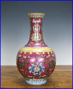 Fine Chinese Qing Qianlong MK Famille Rose Carved Ruby Glaze Porcelain Vase
