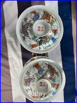 Fine Pair Of Antique Chinese Famille Rose Butterflies Lidded Bowls Qianlong Mark
