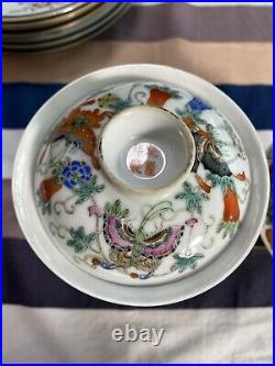 Fine Pair Of Antique Chinese Famille Rose Butterflies Lidded Bowls Qianlong Mark