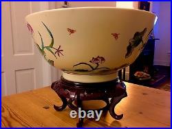 Large Antique Chinese Export Punch Bowl Qianlong Famille Rose Bird Flowers