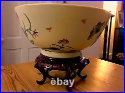 Large Antique Chinese Export Punch Bowl Qianlong Famille Rose Bird Flowers