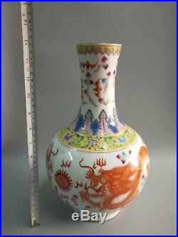 Large Chinese Famille Rose Porcelain Dragons Vases Hand-painting Marks QianLong