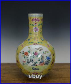 Large Chinese Qing Qianlong MK Famille Rose Painted Yellow Ground Porcelain Vase