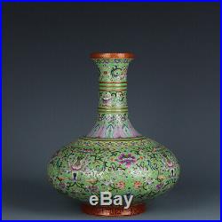 Old Chinese Porcelain qianlong green marked famille rose Lotus flower Vase 11