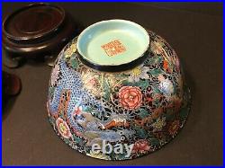 Old Pair Chinese Famille Nior Dragon & Phoenix Bowls, QING Period, Qianlong Mark