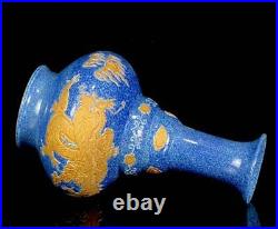 Old Rare Chinese Qianlong Marked Blue Gold Glaze Carved Famille Rose Vase (x216)