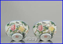 PAIR China 20C Famille Rose Cranes Bowls Chinese porcelain PROC Qianlong Marked