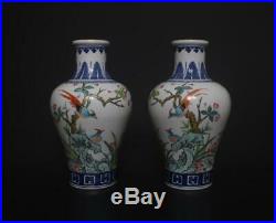 Pair Antique Chinese Famille-Rose Vases Qianlong Mark-Flower&bird