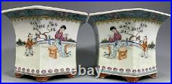 Pair China Chinese Famille Rose Porcelain Planters with Underplates Qianlong Mark