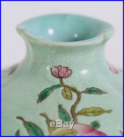 Pair China Chinese Porcelain Turquoise Ground Famille Rose Qianlong Mark Vases