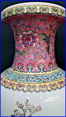 Pair Chinese Famille Rose Enameled Porcelain Vases Hand Painted Qianlong 17 3/4