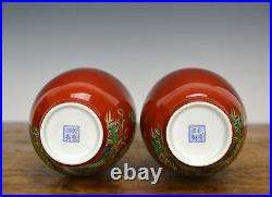 Pair Chinese Qing Qianlong Red Glazed Ground Famille Rose Enamel Porcelain Vase
