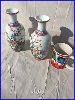 Pair Of Famille Rose Chinese 20th Century Enamel Vases Red Birds Qianlong Mark