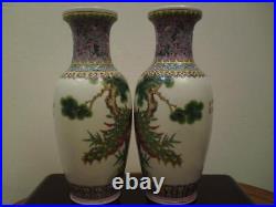 Pair Republic of China (1912-1949) qianlong famille verte / rose peacock vases