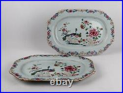 Pair Superb Chinese 18th Porcelain Double Peacock Platter Famille Rose Qianlong
