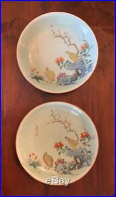 Pair of Chinese Celadon Plates 8 Famille Rose QIANLONG Quail and Floral