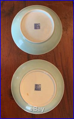 Pair of Chinese Celadon Plates 8 Famille Rose QIANLONG Quail and Floral