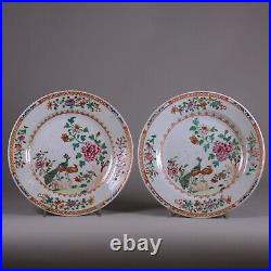 Pair of Chinese'double-peacock' plates, Qianlong(1736-95), decorated in the cen