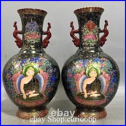 Qianlong Famille Rose Porcelain Gilt Buddha Tangka Double Ears Bottle Vase Pair