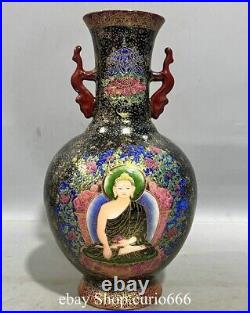 Qianlong Famille Rose Porcelain Gilt Buddha Tangka Double Ears Bottle Vase Pair