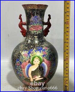 Qianlong Famille Rose Porcelain Gilt Buddha Tangka Double Ears Bottle Vase Pair